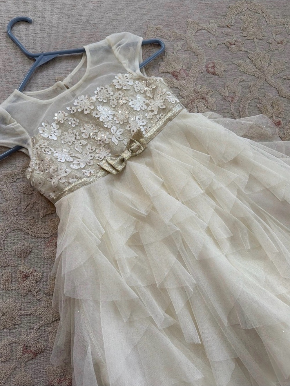 Jona Michelle Cream & Gold Floral Sequin Tulle Party Dress